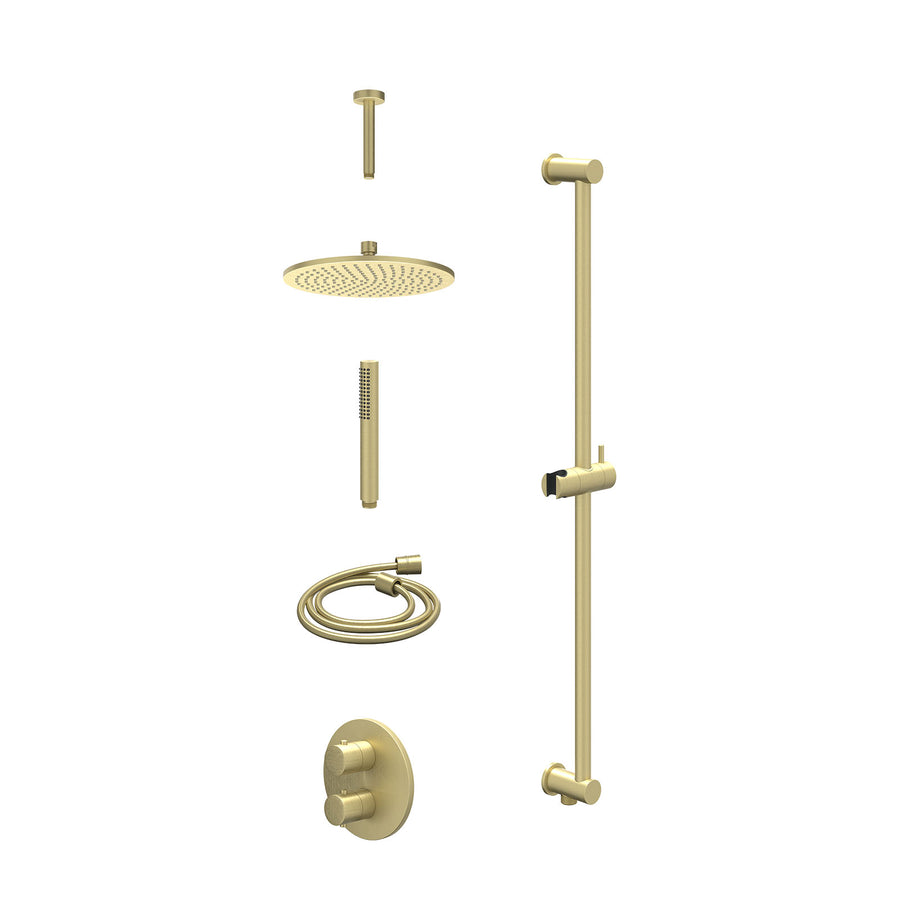 IVY Excl. inbouwbox regendoucheset inbouwthermostaatkraan met 2-weg stop-omstel, plafondbuis 15cm, R25cmME, glijstang met uitlaat, doucheslang 150cm en staafmodel – Gebr. mat goud 