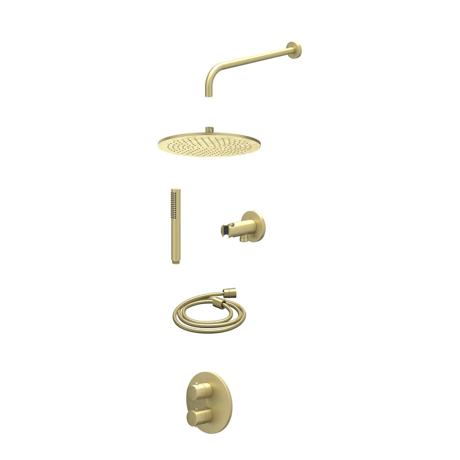 IVY Excl. inbouwbox regendoucheset inbouwthermostaatkraan met 2-weg stop-omstel, wandarm, R30cmME, houder met uitlaat, doucheslang 150cm en staafmodel – Gebr. mat goud PVD