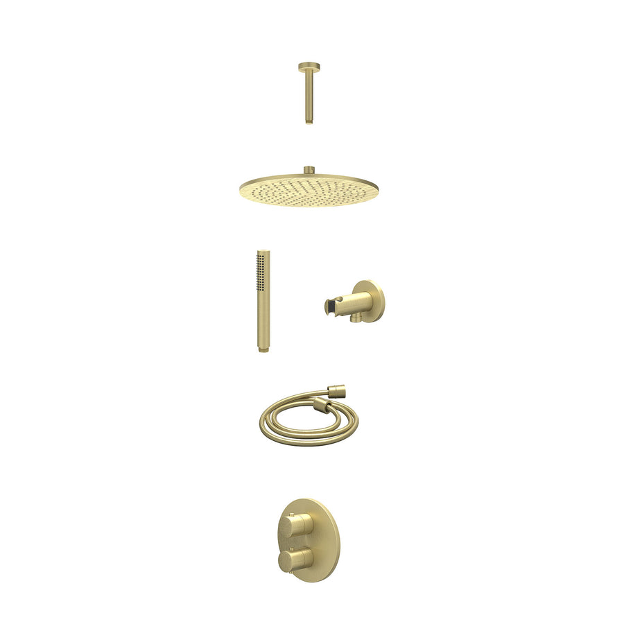 IVY Excl. inbouwbox regendoucheset inbouwthermostaatkraan met 2-weg stop-omstel, plafondbuis 15cm, R30cmME, houder met uitlaat, doucheslang 150cm en staafmodel – Gebr. mat goud PVD