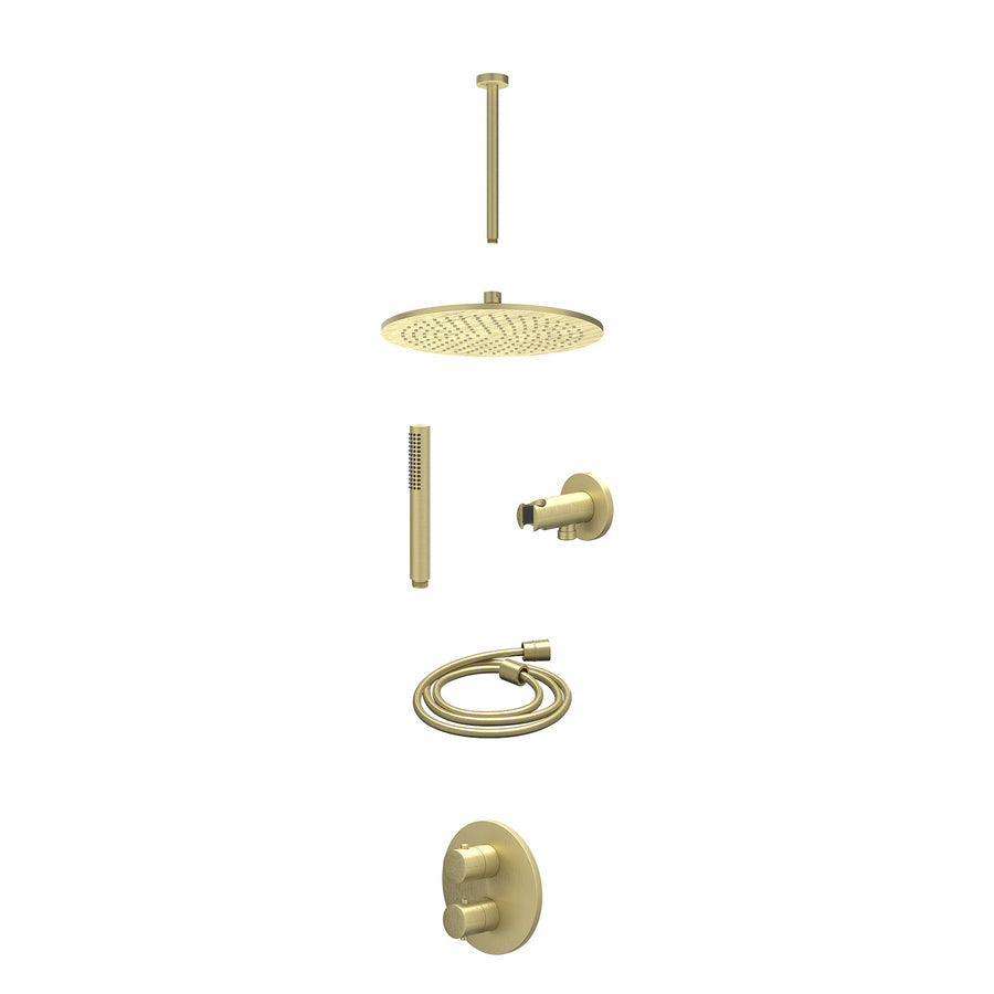 IVY Excl. inbouwbox regendoucheset inbouwthermostaatkraan met 2-weg stop-omstel, plafondbuis 30cm, R30cmME, houder met uitlaat, doucheslang 150cm en staafmodel – Gebr. mat goud PVD
