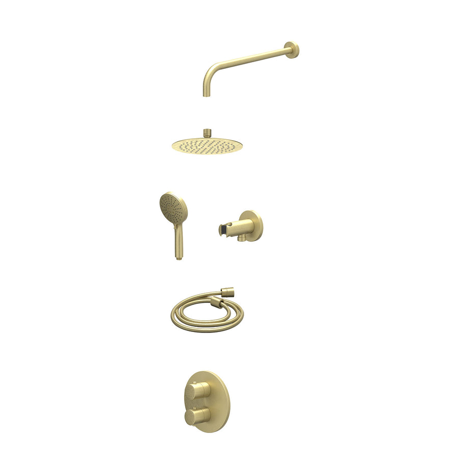 IVY Excl. inbouwbox regendoucheset inbouwthermostaatkraan met 2-weg stop-omstel, wandarm, R20cmSL, houder met uitlaat, doucheslang 150cm en 3-standen handdouche – Gebr. mat goud PV