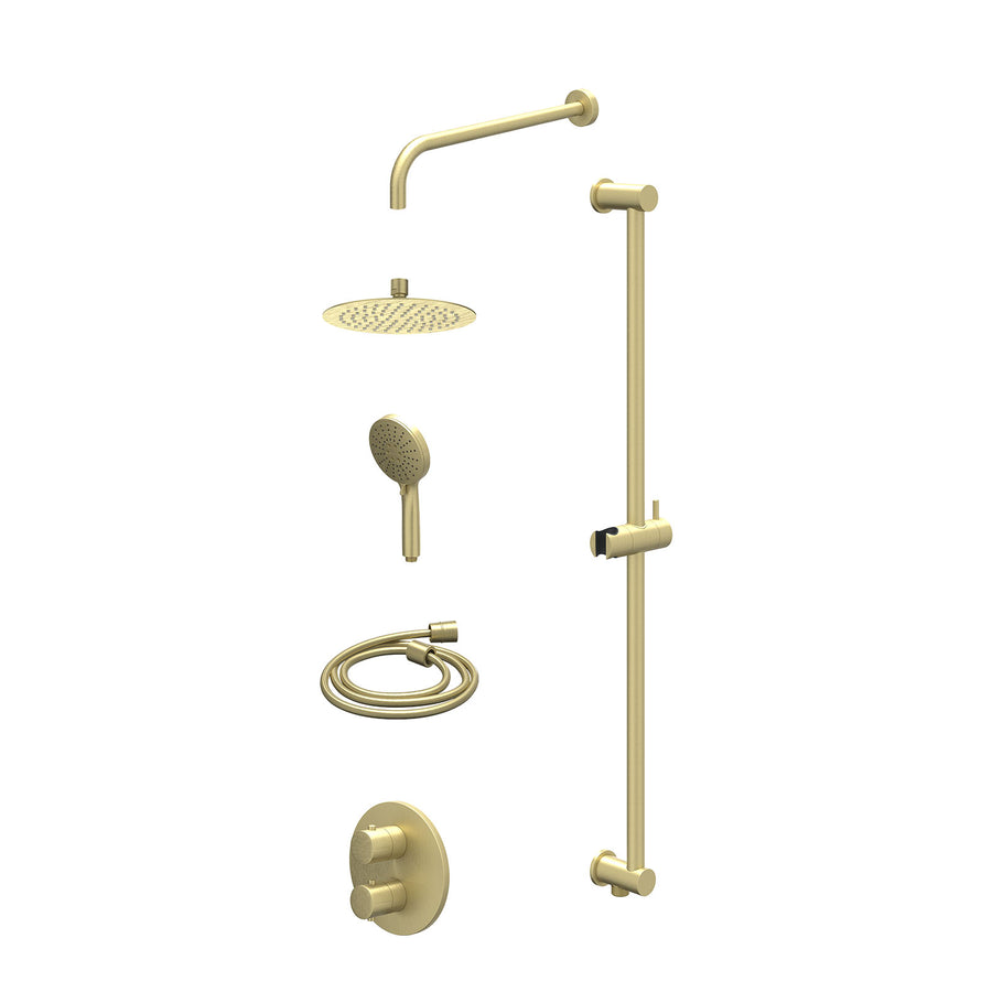 IVY Excl. inbouwbox regendoucheset inbouwthermostaatkraan met 2-weg stop-omstel, wandarm, R20cmSL, glijstang met uitlaat, doucheslang 150cm en 3-standen handdouche – Gebr. mat goud