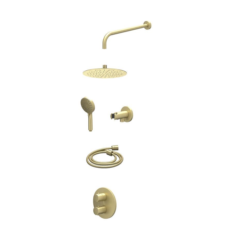 IVY Excl. inbouwbox regendoucheset inbouwthermostaatkraan met 2-weg stop-omstel, wandarm, R25cmSL, houder met uitlaat, doucheslang 150cm en 3-standen handdouche – Gebr. mat goud PV
