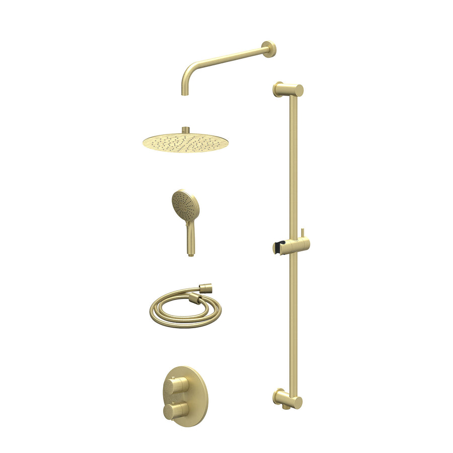 IVY Excl. inbouwbox regendoucheset inbouwthermostaatkraan met 2-weg stop-omstel, wandarm, R25cmSL, glijstang met uitlaat, doucheslang 150cm en 3-standen handdouche – Gebr. mat goud