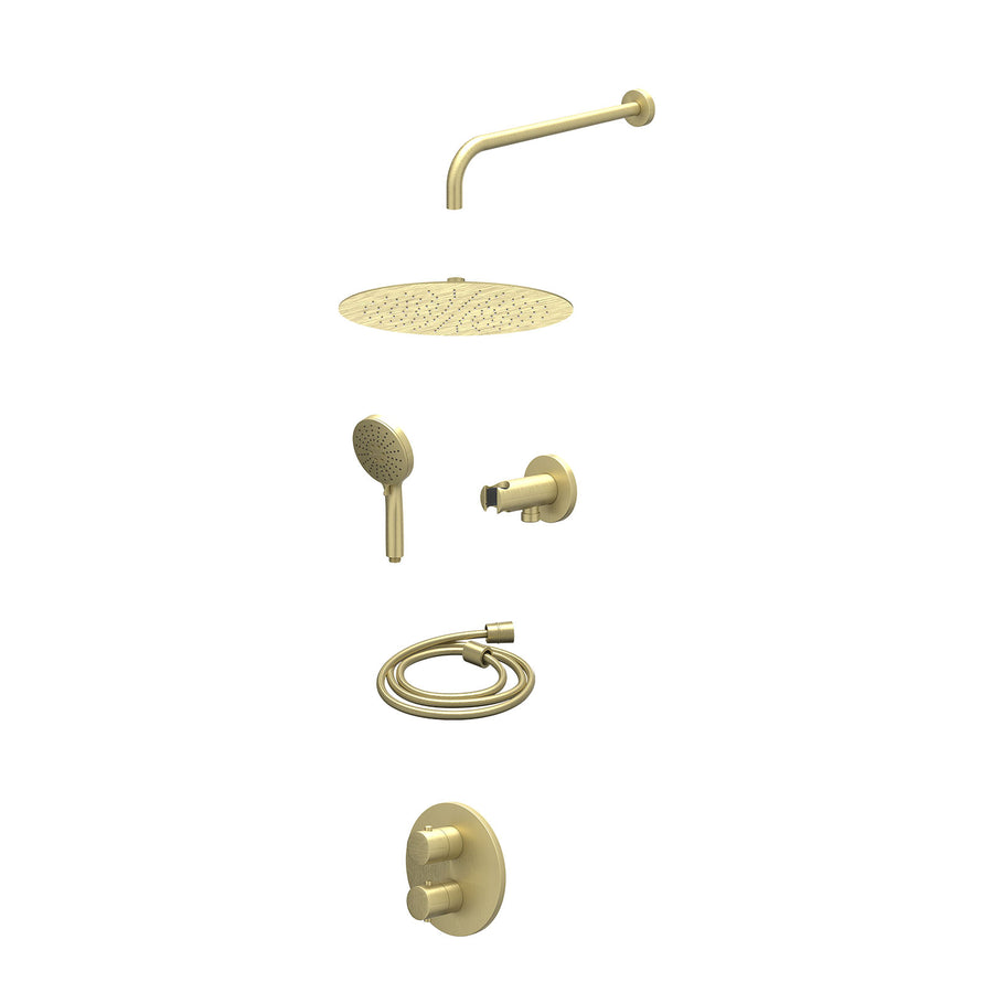 IVY Excl. inbouwbox regendoucheset inbouwthermostaatkraan met 2-weg stop-omstel, wandarm, R30cmSL, houder met uitlaat, doucheslang 150cm en 3-standen handdouche – Gebr. mat goud PV