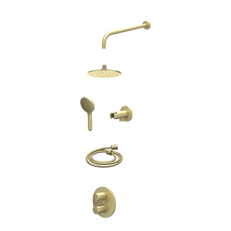 IVY Excl. inbouwbox regendoucheset inbouwthermostaatkraan met 2-weg stop-omstel, wandarm, R20cmME, houder met uitlaat, doucheslang 150cm en 3-standen handdouche – Gebr. mat goud PV