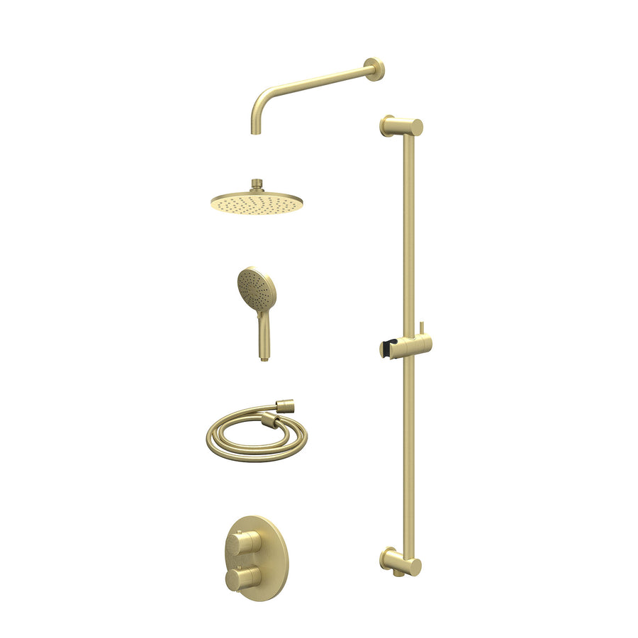 IVY Excl. inbouwbox regendoucheset inbouwthermostaatkraan met 2-weg stop-omstel, wandarm, R20cmME, glijstang met uitlaat, doucheslang 150cm en 3-standen handdouche – Gebr. mat goud