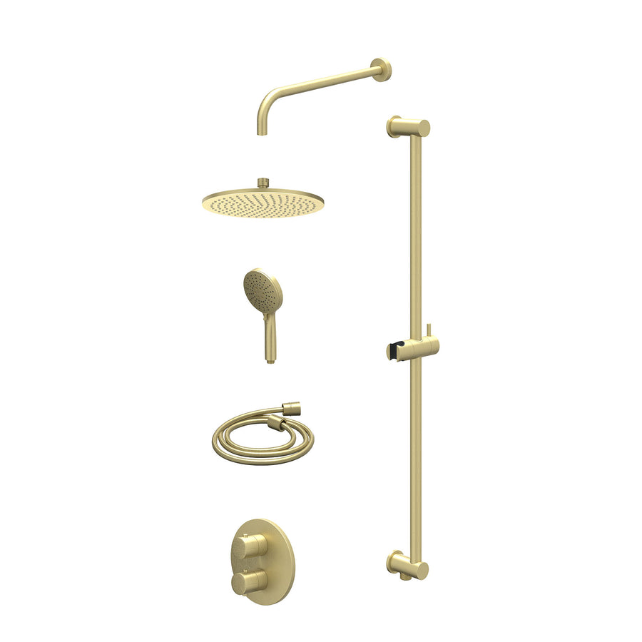 IVY Excl. inbouwbox regendoucheset inbouwthermostaatkraan met 2-weg stop-omstel, wandarm, R25cmME, glijstang met uitlaat, doucheslang 150cm en 3-standen handdouche – Gebr. mat goud