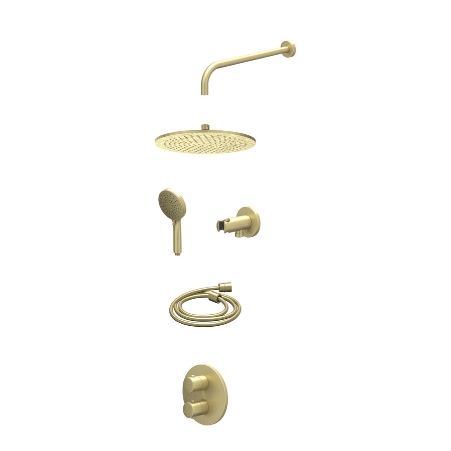 IVY Excl. inbouwbox regendoucheset inbouwthermostaatkraan met 2-weg stop-omstel, wandarm, R30cmME, houder met uitlaat, doucheslang 150cm en 3-standen handdouche – Gebr. mat goud PV