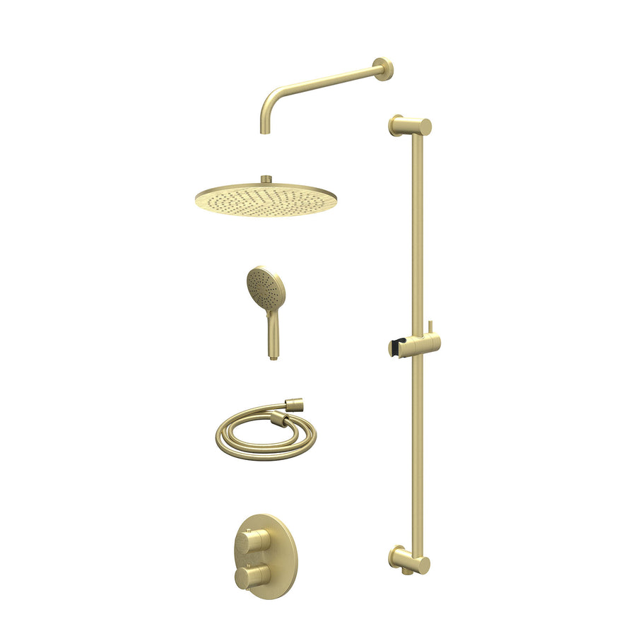IVY Excl. inbouwbox regendoucheset inbouwthermostaatkraan met 2-weg stop-omstel, wandarm, R30cmME, glijstang met uitlaat, doucheslang 150cm en 3-standen handdouche – Gebr. mat goud