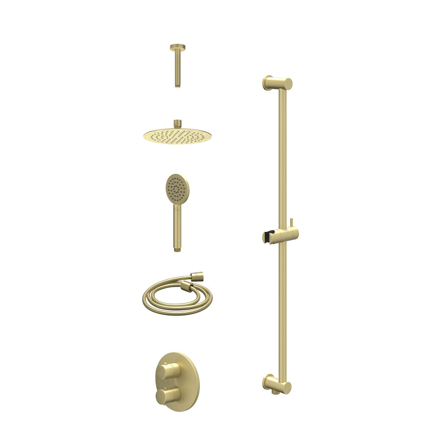 IVY Excl. inbouwbox regendoucheset inbouwthermostaatkraan met 2-weg stop-omstel, plafondbuis 15cm, R20cmSL, glijstang met uitlaat, doucheslang 150cm en satin spray handdouche – Geb