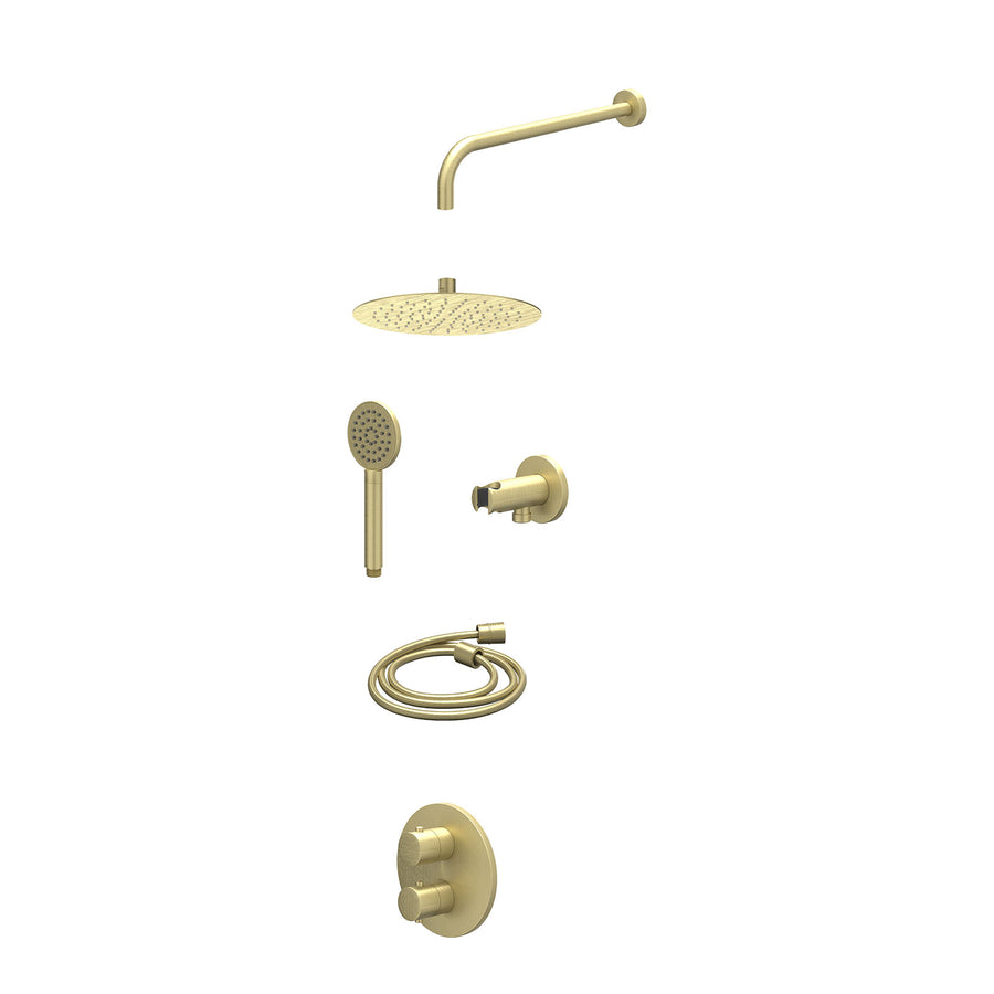 IVY Excl. inbouwbox regendoucheset inbouwthermostaatkraan met 2-weg stop-omstel, wandarm, R25cmSL, houder met uitlaat, doucheslang 150cm en satin spray handdouche – Gebr. mat goud 