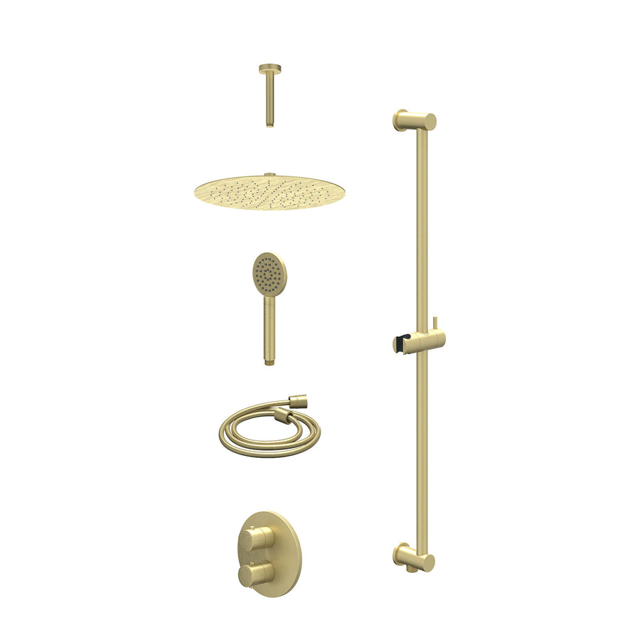 IVY Excl. inbouwbox regendoucheset inbouwthermostaatkraan met 2-weg stop-omstel, plafondbuis 15cm, R30cmSL, glijstang met uitlaat, doucheslang 150cm en satin spray handdouche – Geb