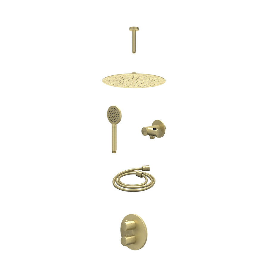 IVY Excl. inbouwbox regendoucheset inbouwthermostaatkraan met 2-weg stop-omstel, plafondbuis 15cm, R30cmSL, verstelbare steun met geïnt. uitlaat, doucheslang 150cm en satin spray h