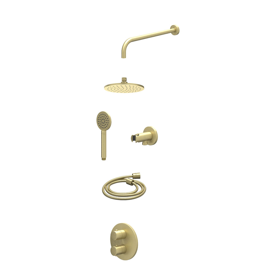 IVY Excl. inbouwbox regendoucheset inbouwthermostaatkraan met 2-weg stop-omstel, wandarm, R20cmME, houder met uitlaat, doucheslang 150cm en satin spray handdouche – Gebr. mat goud 