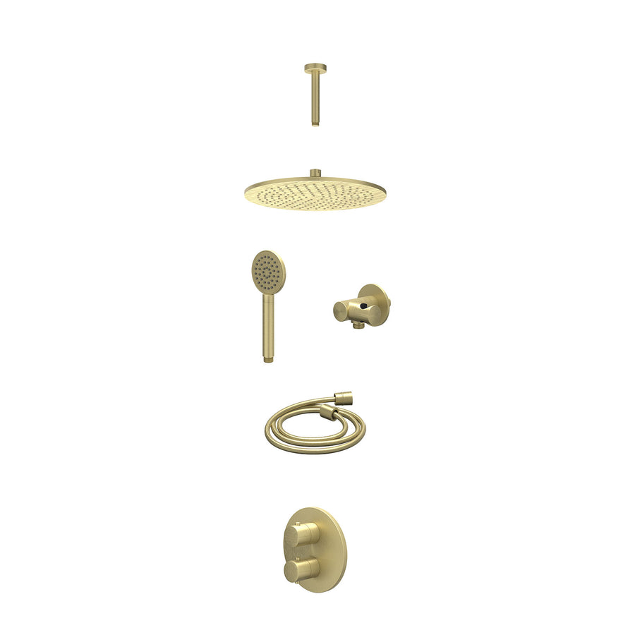 IVY Excl. inbouwbox regendoucheset inbouwthermostaatkraan met 2-weg stop-omstel, plafondbuis 15cm, R30cmME, verstelbare steun met geïnt. uitlaat, doucheslang 150cm en satin spray h