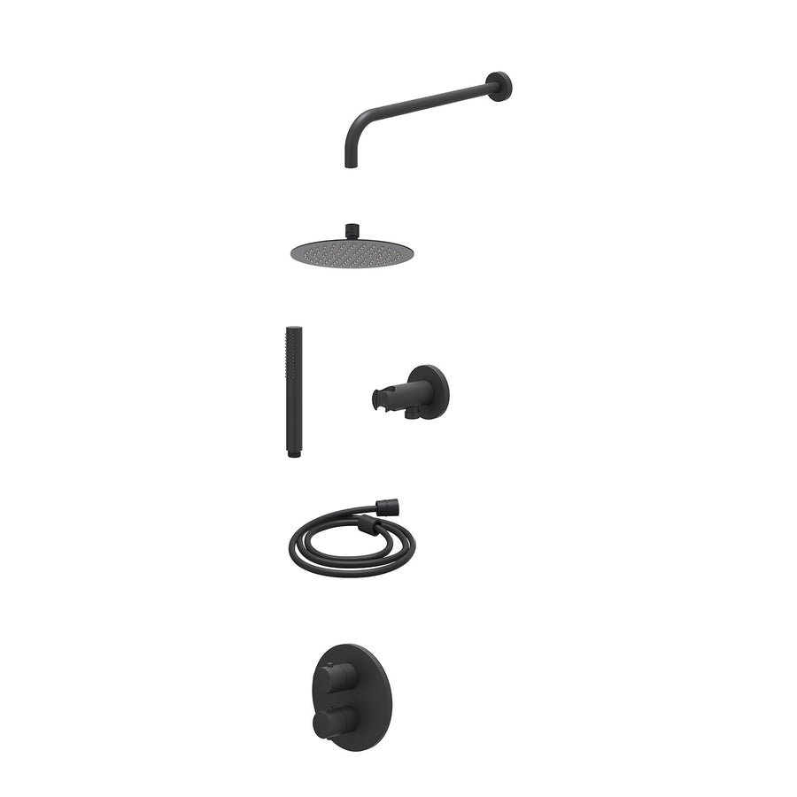 IVY Excl. inbouwbox regendoucheset inbouwthermostaatkraan met 2-weg stop-omstel, wandarm, R20cmSL, houder met uitlaat, doucheslang 150cm en staafmodel – Mat zwart PED