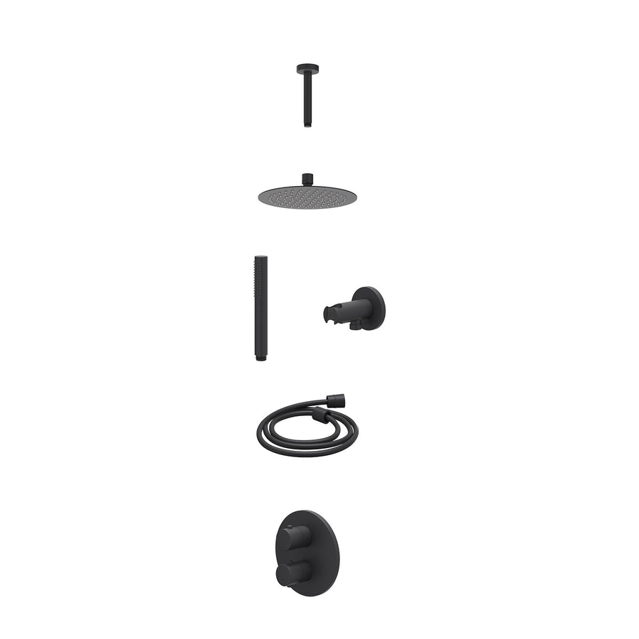 IVY Excl. inbouwbox regendoucheset inbouwthermostaatkraan met 2-weg stop-omstel, plafondbuis 15cm, R20cmSL, houder met uitlaat, doucheslang 150cm en staafmodel – Mat zwart PED