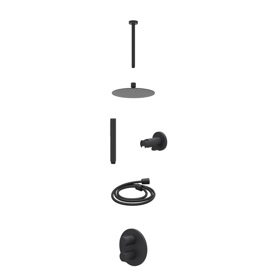 IVY Excl. inbouwbox regendoucheset inbouwthermostaatkraan met 2-weg stop-omstel, plafondbuis 30cm, R20cmSL, houder met uitlaat, doucheslang 150cm en staafmodel – Mat zwart PED