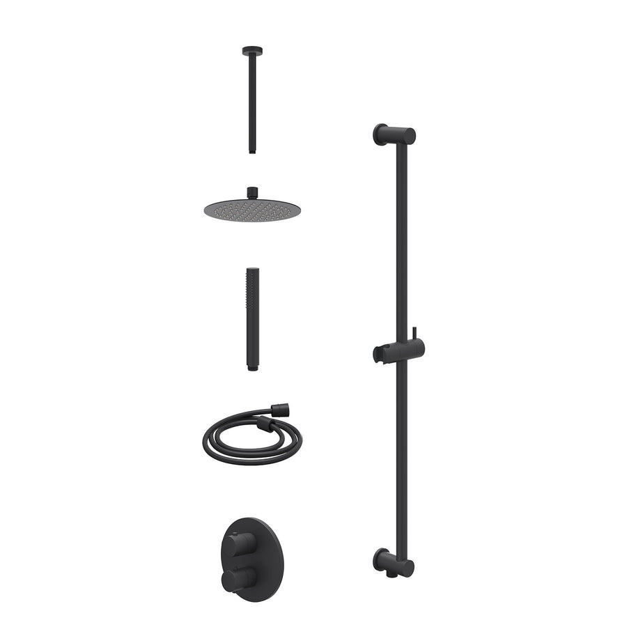 IVY Excl. inbouwbox regendoucheset inbouwthermostaatkraan met 2-weg stop-omstel, plafondbuis 30cm, R20cmSL, glijstang met uitlaat, doucheslang 150cm en staafmodel – Mat zwart PED