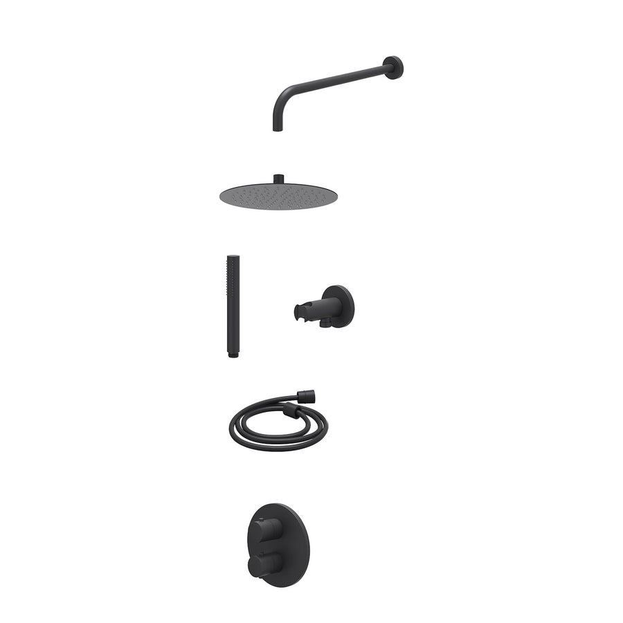 IVY Excl. inbouwbox regendoucheset inbouwthermostaatkraan met 2-weg stop-omstel, wandarm, R25cmSL, houder met uitlaat, doucheslang 150cm en staafmodel – Mat zwart PED