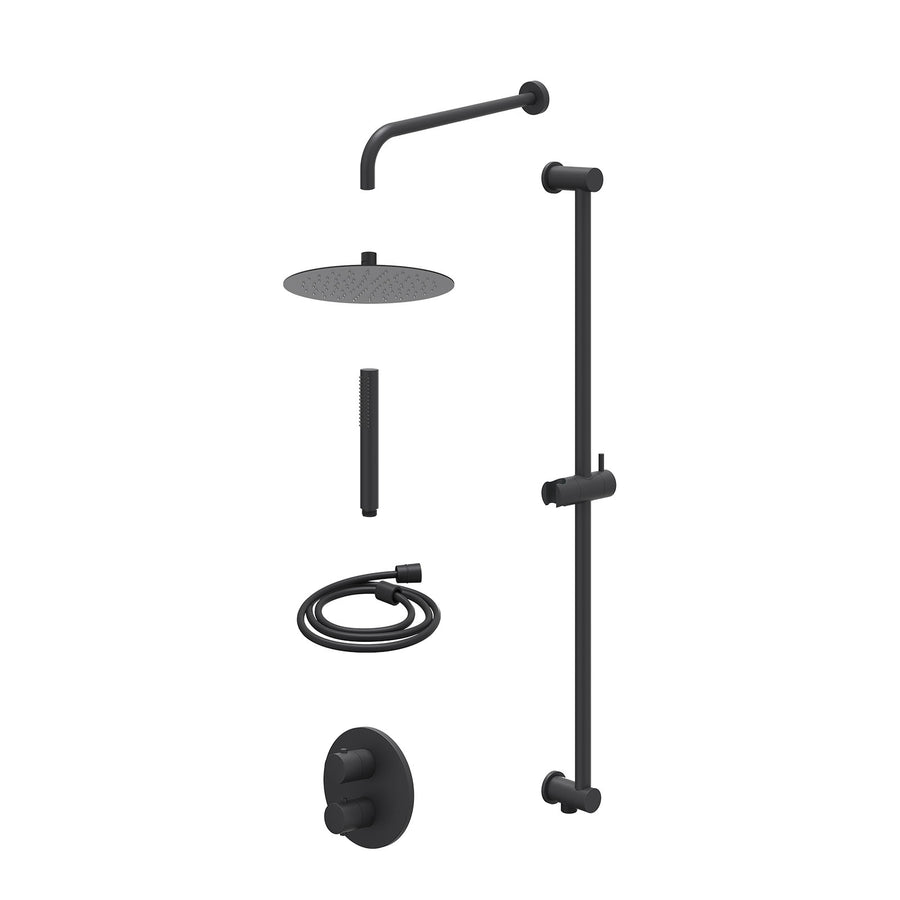 IVY Excl. inbouwbox regendoucheset inbouwthermostaatkraan met 2-weg stop-omstel, wandarm, R25cmSL, glijstang met uitlaat, doucheslang 150cm en staafmodel – Mat zwart PED