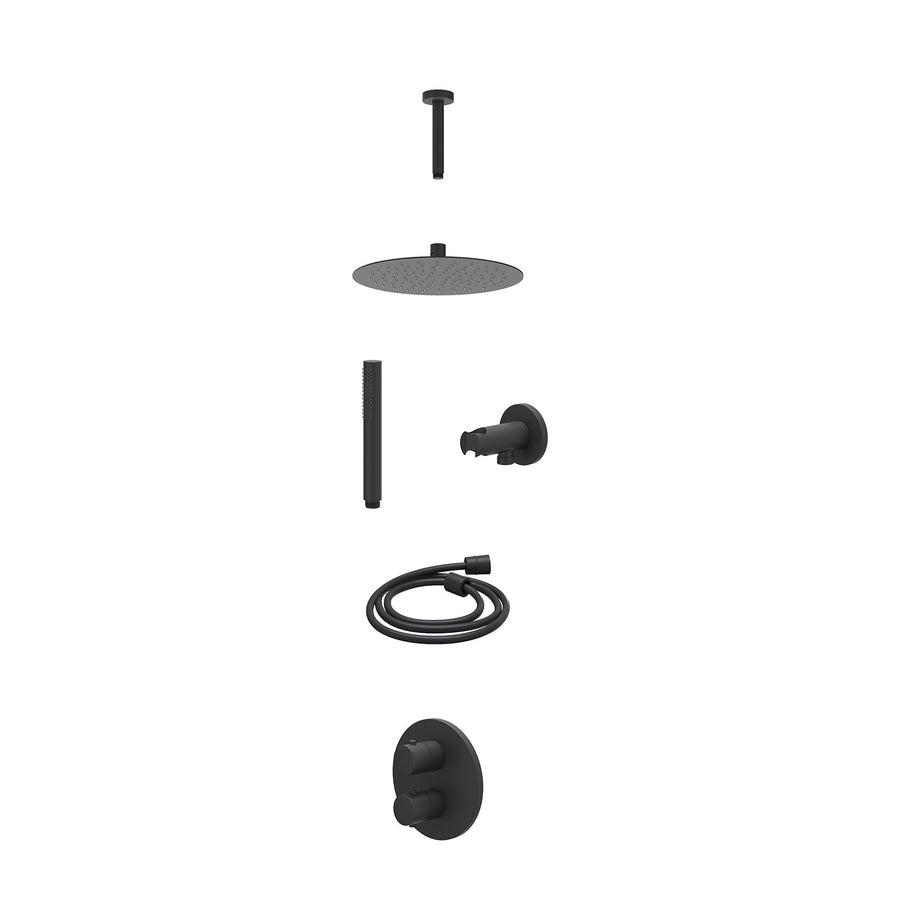 IVY Excl. inbouwbox regendoucheset inbouwthermostaatkraan met 2-weg stop-omstel, plafondbuis 15cm, R25cmSL, houder met uitlaat, doucheslang 150cm en staafmodel – Mat zwart PED