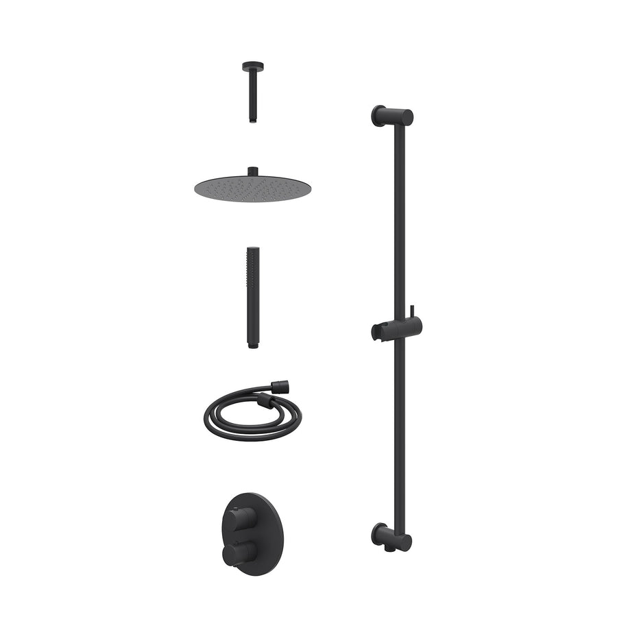 IVY Excl. inbouwbox regendoucheset inbouwthermostaatkraan met 2-weg stop-omstel, plafondbuis 15cm, R25cmSL, glijstang met uitlaat, doucheslang 150cm en staafmodel – Mat zwart PED