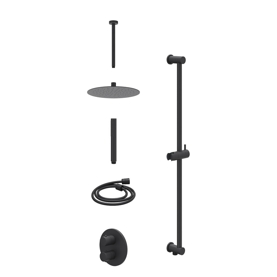 IVY Excl. inbouwbox regendoucheset inbouwthermostaatkraan met 2-weg stop-omstel, plafondbuis 30cm, R25cmSL, glijstang met uitlaat, doucheslang 150cm en staafmodel – Mat zwart PED