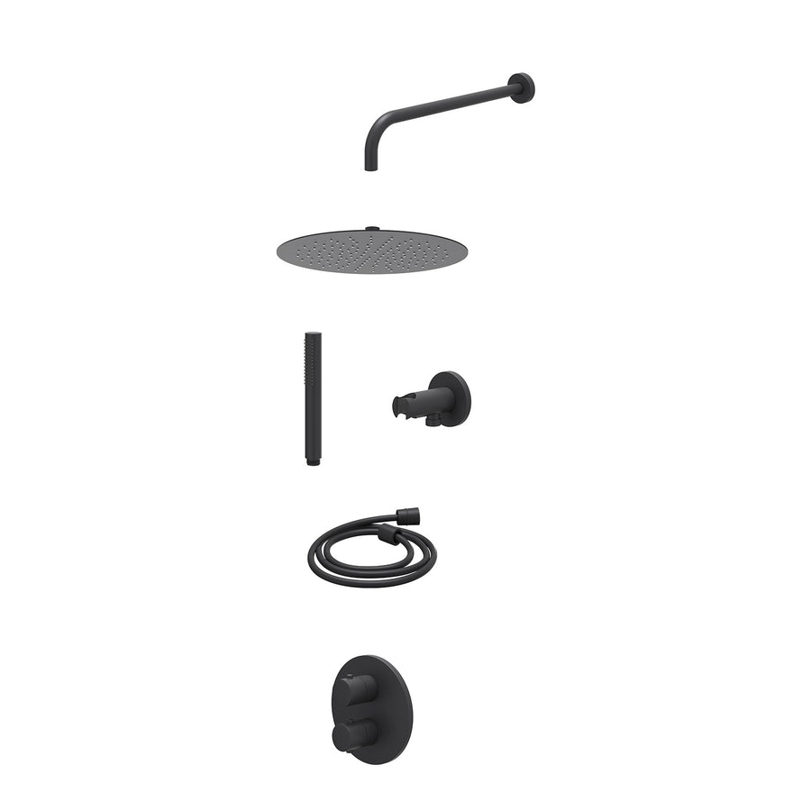 IVY Excl. inbouwbox regendoucheset inbouwthermostaatkraan met 2-weg stop-omstel, wandarm, R30cmSL, houder met uitlaat, doucheslang 150cm en staafmodel – Mat zwart PED