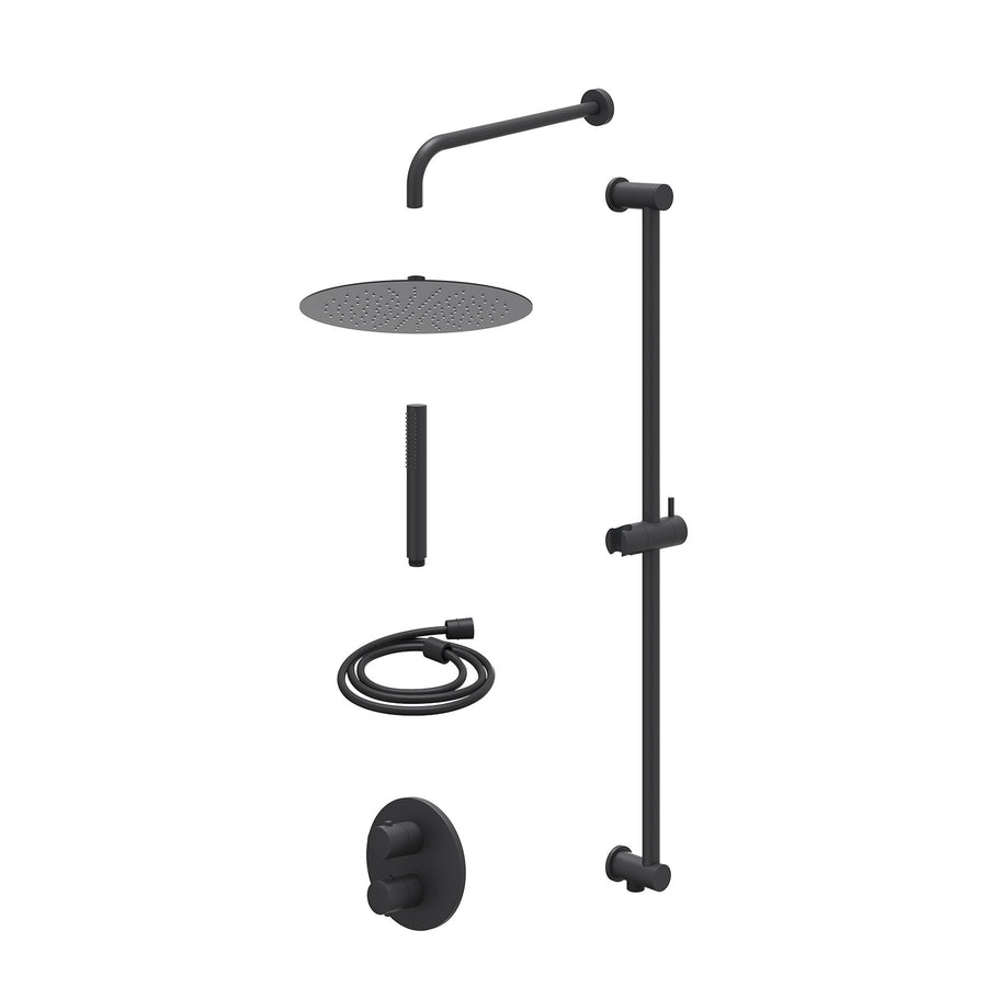 IVY Excl. inbouwbox regendoucheset inbouwthermostaatkraan met 2-weg stop-omstel, wandarm, R30cmSL, glijstang met uitlaat, doucheslang 150cm en staafmodel – Mat zwart PED