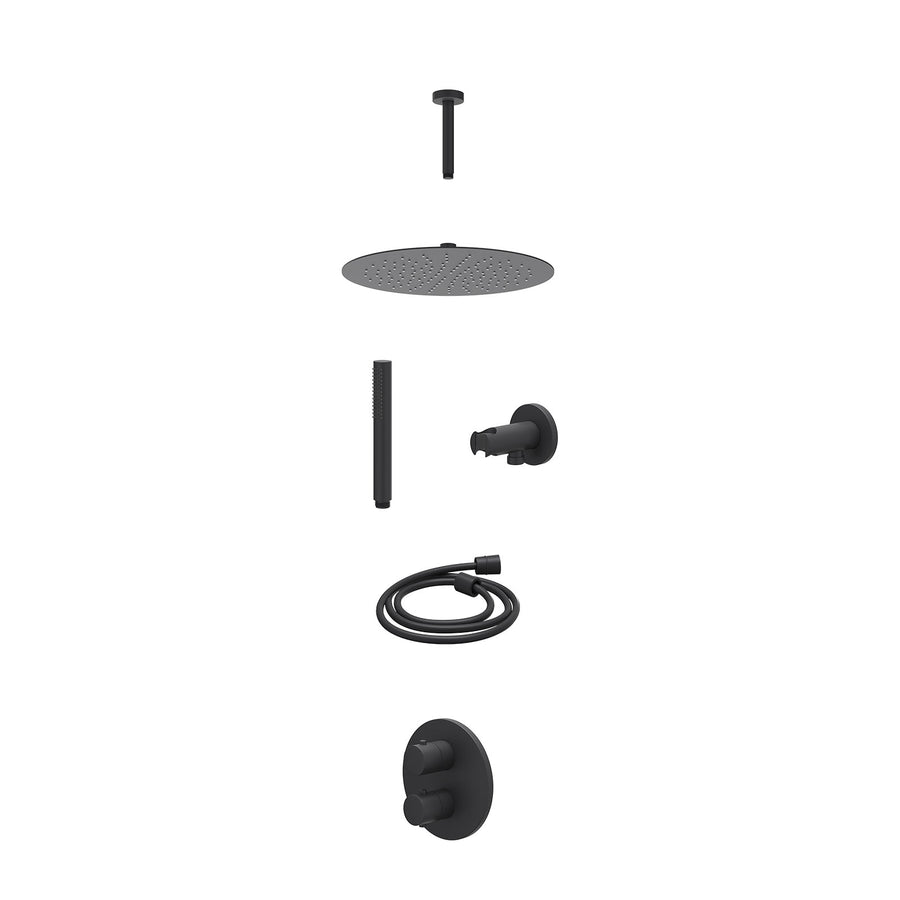 IVY Excl. inbouwbox regendoucheset inbouwthermostaatkraan met 2-weg stop-omstel, plafondbuis 15cm, R30cmSL, houder met uitlaat, doucheslang 150cm en staafmodel – Mat zwart PED