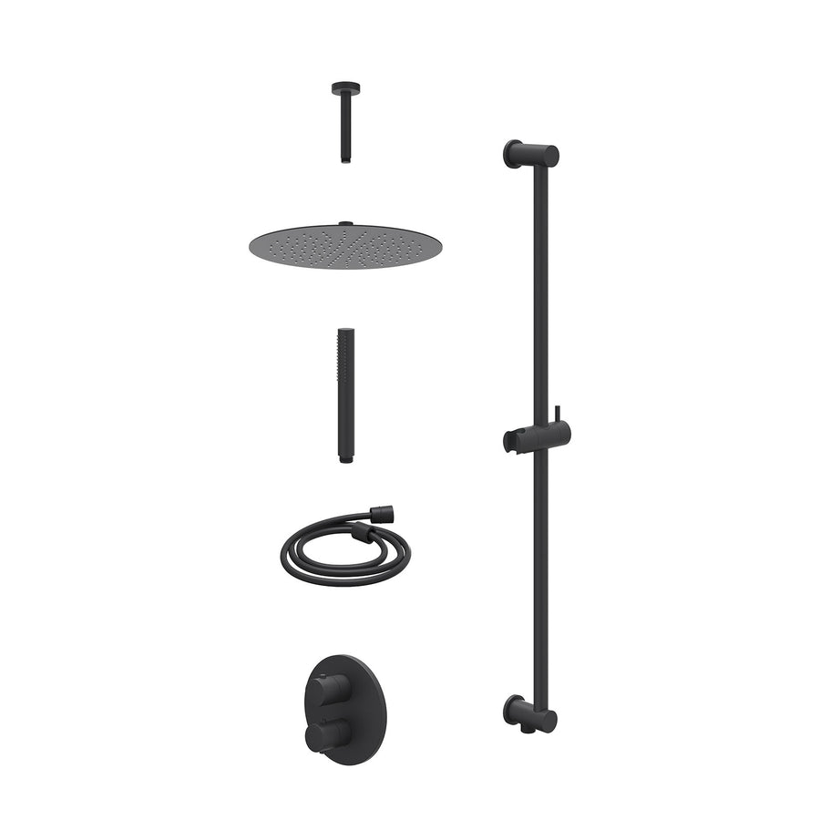 IVY Excl. inbouwbox regendoucheset inbouwthermostaatkraan met 2-weg stop-omstel, plafondbuis 15cm, R30cmSL, glijstang met uitlaat, doucheslang 150cm en staafmodel – Mat zwart PED