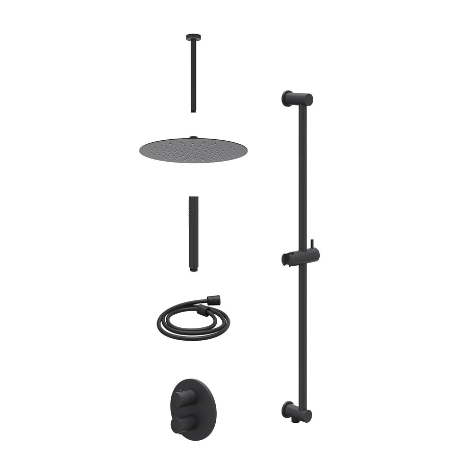 IVY Excl. inbouwbox regendoucheset inbouwthermostaatkraan met 2-weg stop-omstel, plafondbuis 30cm, R30cmSL, glijstang met uitlaat, doucheslang 150cm en staafmodel – Mat zwart PED