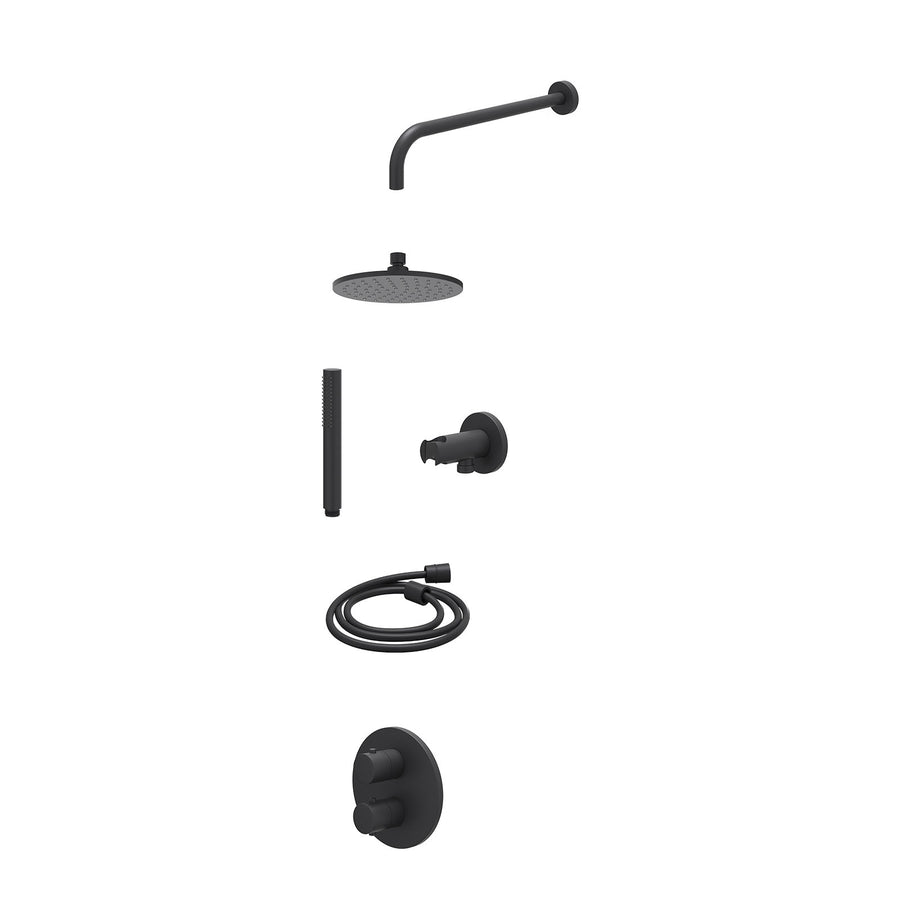 IVY Excl. inbouwbox regendoucheset inbouwthermostaatkraan met 2-weg stop-omstel, wandarm, R20cmME, houder met uitlaat, doucheslang 150cm en staafmodel – Mat zwart PED