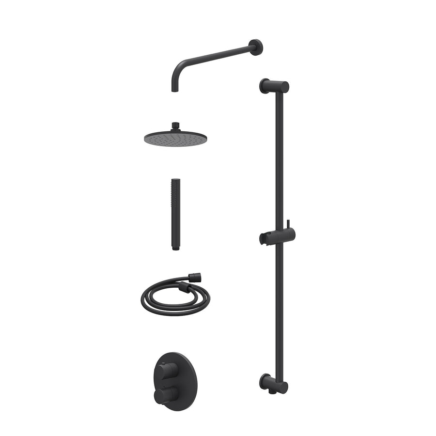 IVY Excl. inbouwbox regendoucheset inbouwthermostaatkraan met 2-weg stop-omstel, wandarm, R20cmME, glijstang met uitlaat, doucheslang 150cm en staafmodel – Mat zwart PED