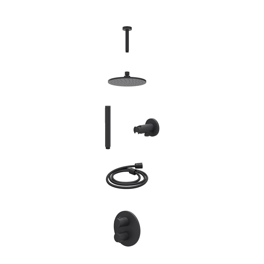 IVY Excl. inbouwbox regendoucheset inbouwthermostaatkraan met 2-weg stop-omstel, plafondbuis 15cm, R20cmME, houder met uitlaat, doucheslang 150cm en staafmodel – Mat zwart PED