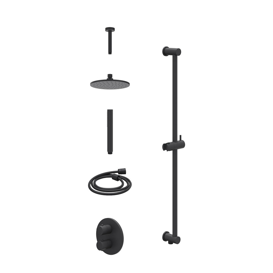 IVY Excl. inbouwbox regendoucheset inbouwthermostaatkraan met 2-weg stop-omstel, plafondbuis 15cm, R20cmME, glijstang met uitlaat, doucheslang 150cm en staafmodel – Mat zwart PED