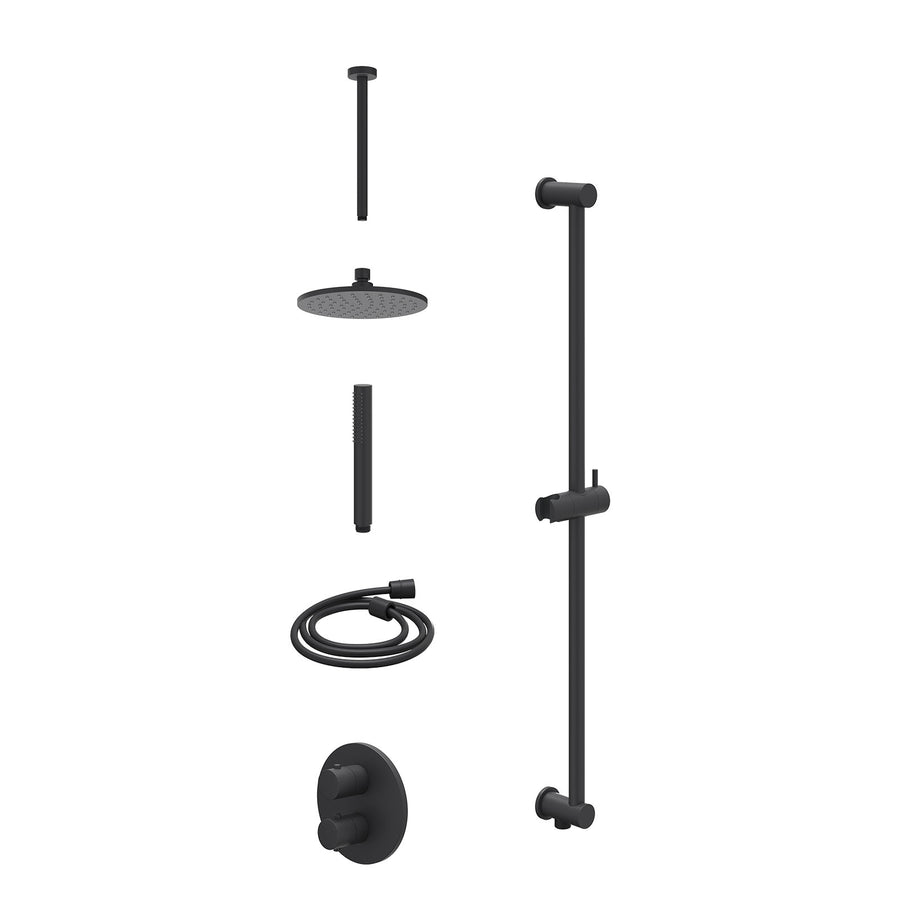 IVY Excl. inbouwbox regendoucheset inbouwthermostaatkraan met 2-weg stop-omstel, plafondbuis 30cm, R20cmME, glijstang met uitlaat, doucheslang 150cm en staafmodel – Mat zwart PED