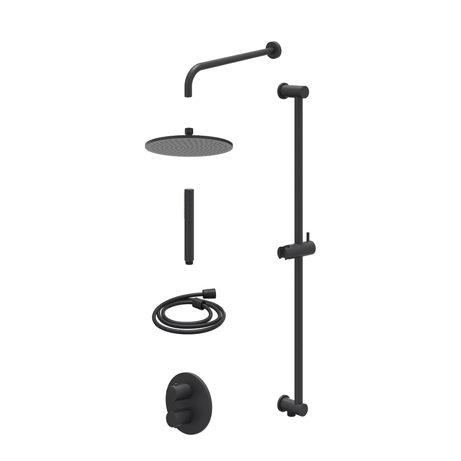 IVY Excl. inbouwbox regendoucheset inbouwthermostaatkraan met 2-weg stop-omstel, wandarm, R25cmME, glijstang met uitlaat, doucheslang 150cm en staafmodel – Mat zwart PED
