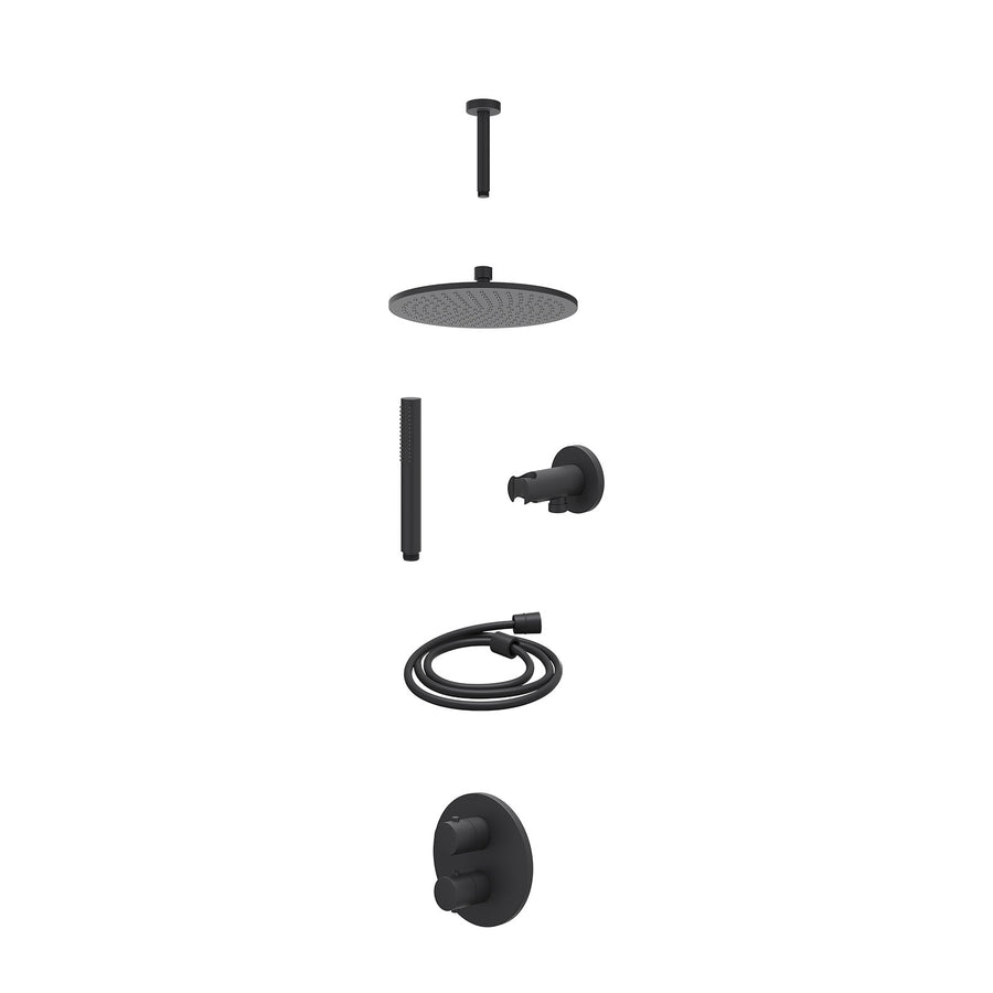 IVY Excl. inbouwbox regendoucheset inbouwthermostaatkraan met 2-weg stop-omstel, plafondbuis 15cm, R25cmME, houder met uitlaat, doucheslang 150cm en staafmodel – Mat zwart PED
