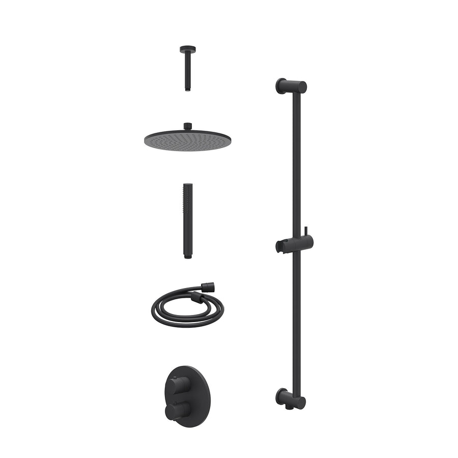 IVY Excl. inbouwbox regendoucheset inbouwthermostaatkraan met 2-weg stop-omstel, plafondbuis 15cm, R25cmME, glijstang met uitlaat, doucheslang 150cm en staafmodel – Mat zwart PED