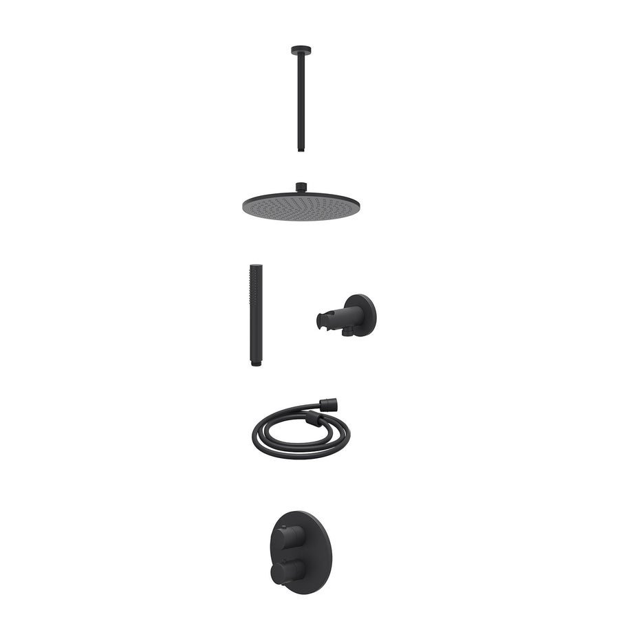 IVY Excl. inbouwbox regendoucheset inbouwthermostaatkraan met 2-weg stop-omstel, plafondbuis 30cm, R25cmME, houder met uitlaat, doucheslang 150cm en staafmodel – Mat zwart PED