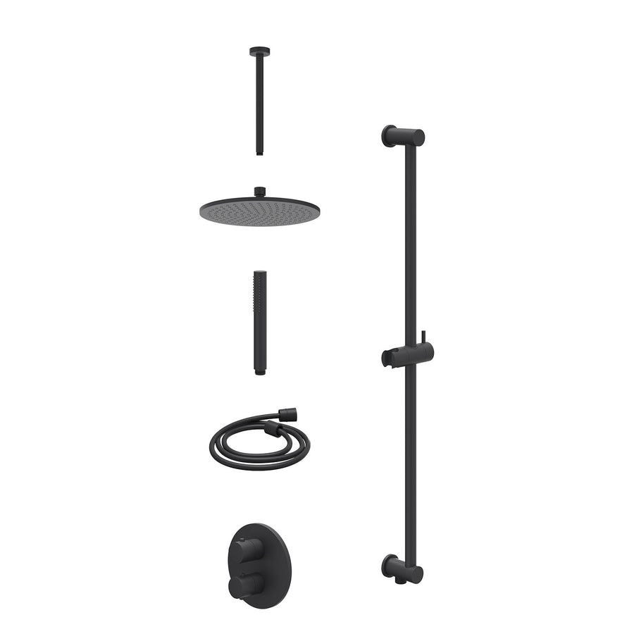 IVY Excl. inbouwbox regendoucheset inbouwthermostaatkraan met 2-weg stop-omstel, plafondbuis 30cm, R25cmME, glijstang met uitlaat, doucheslang 150cm en staafmodel – Mat zwart PED