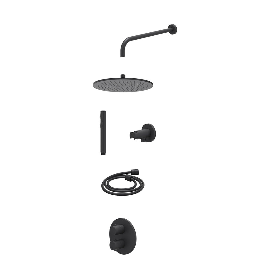 IVY Excl. inbouwbox regendoucheset inbouwthermostaatkraan met 2-weg stop-omstel, wandarm, R30cmME, houder met uitlaat, doucheslang 150cm en staafmodel – Mat zwart PED