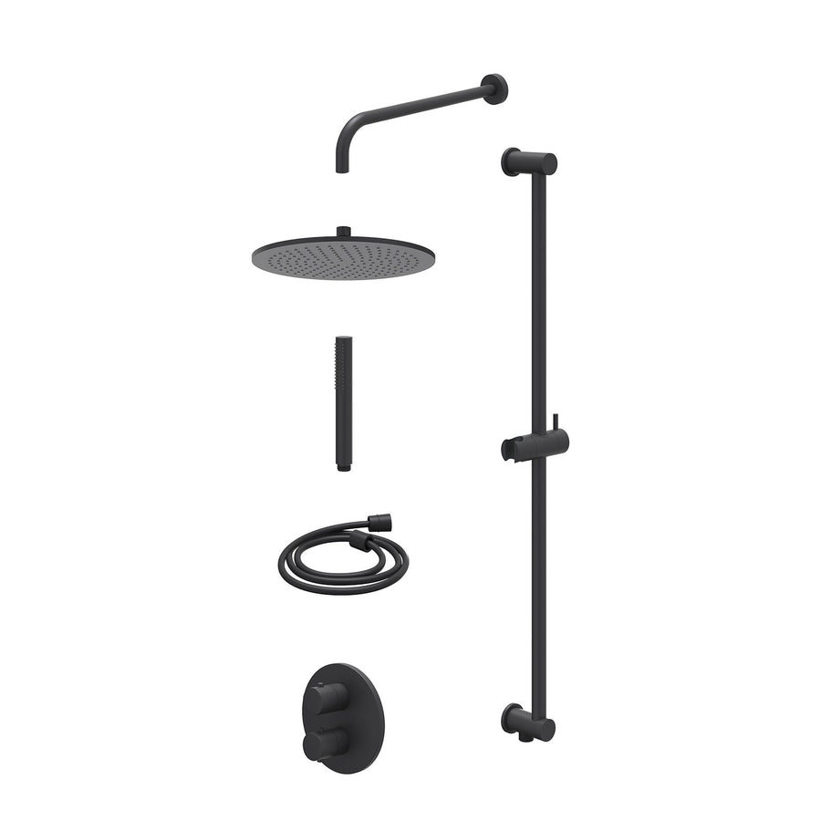 IVY Excl. inbouwbox regendoucheset inbouwthermostaatkraan met 2-weg stop-omstel, wandarm, R30cmME, glijstang met uitlaat, doucheslang 150cm en staafmodel – Mat zwart PED