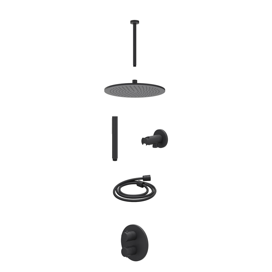 IVY Excl. inbouwbox regendoucheset inbouwthermostaatkraan met 2-weg stop-omstel, plafondbuis 30cm, R30cmME, houder met uitlaat, doucheslang 150cm en staafmodel – Mat zwart PED