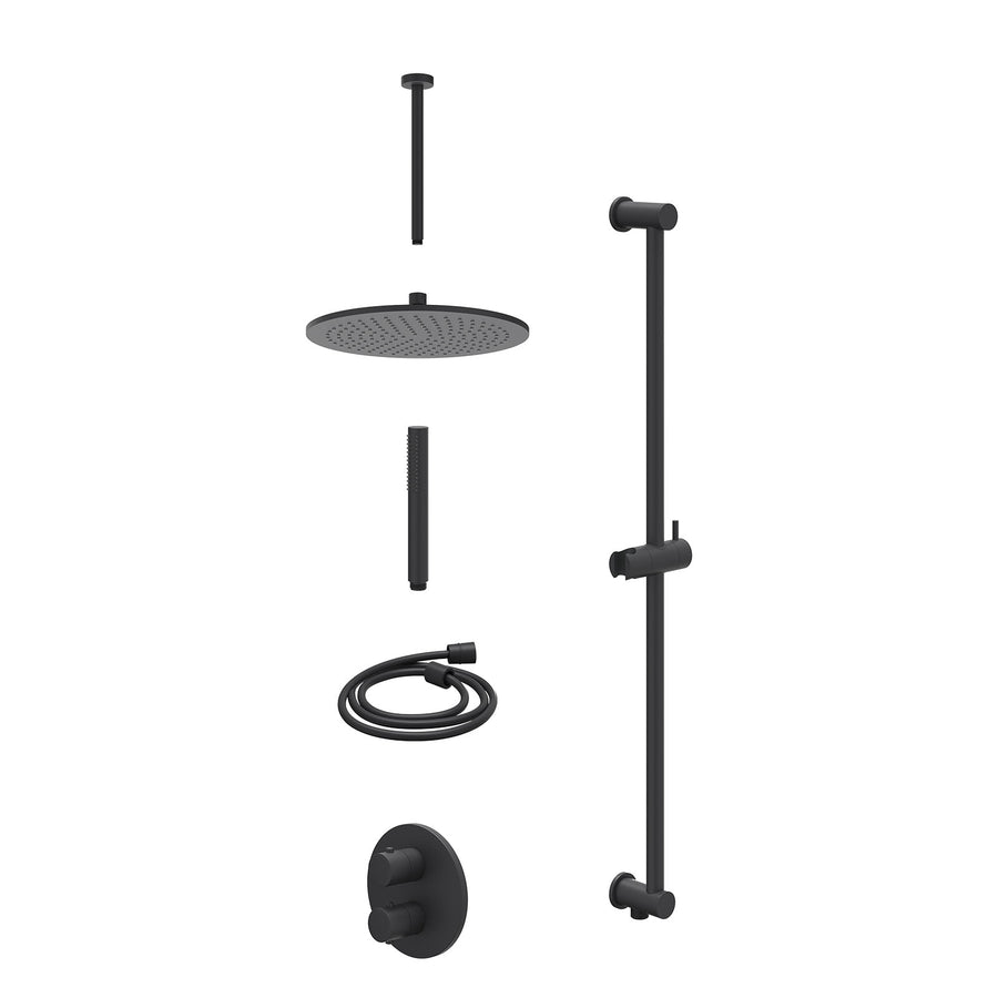 IVY Excl. inbouwbox regendoucheset inbouwthermostaatkraan met 2-weg stop-omstel, plafondbuis 30cm, R30cmME, glijstang met uitlaat, doucheslang 150cm en staafmodel – Mat zwart PED