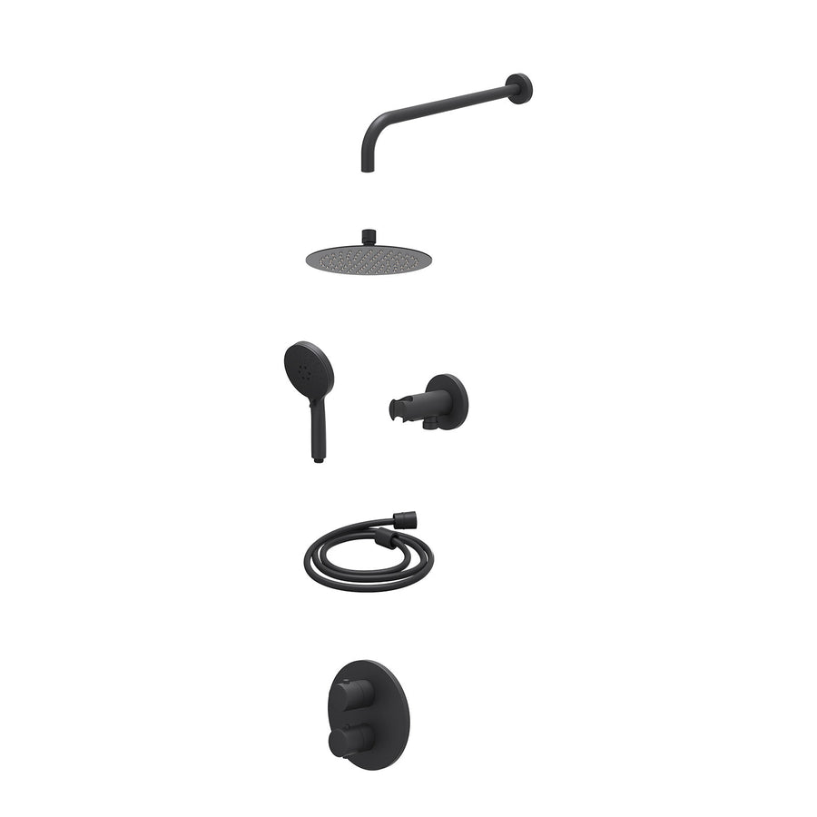 IVY Excl. inbouwbox regendoucheset inbouwthermostaatkraan met 2-weg stop-omstel, wandarm, R20cmSL, houder met uitlaat, doucheslang 150cm en 3-standen handdouche – Mat zwart PED