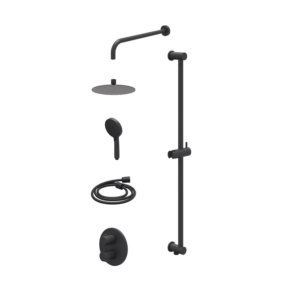 IVY Excl. inbouwbox regendoucheset inbouwthermostaatkraan met 2-weg stop-omstel, wandarm, R20cmSL, glijstang met uitlaat, doucheslang 150cm en 3-standen handdouche – Mat zwart PED
